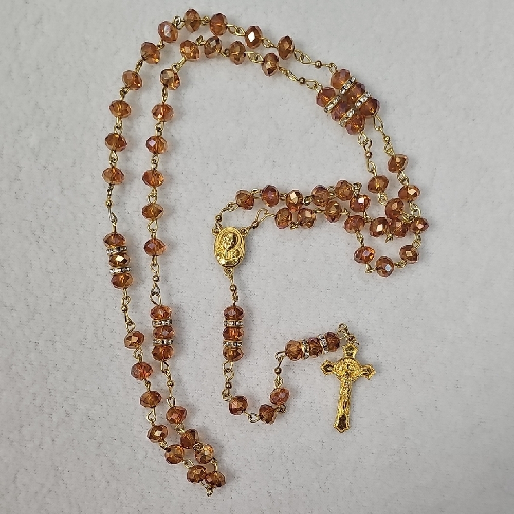 Gold-Tone Brown Crystal Rosary Necklace